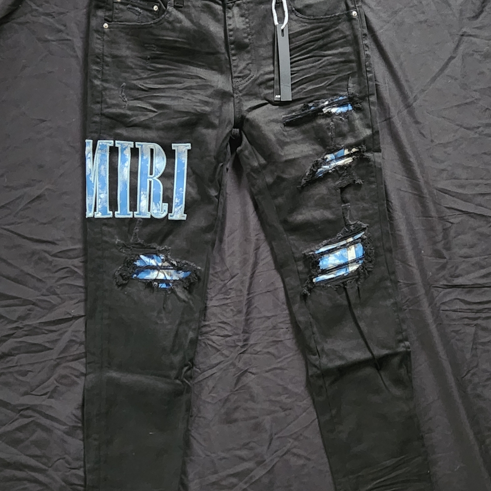 Black Amiri Distressed Jeans with Blue Accents Brand New With Tags